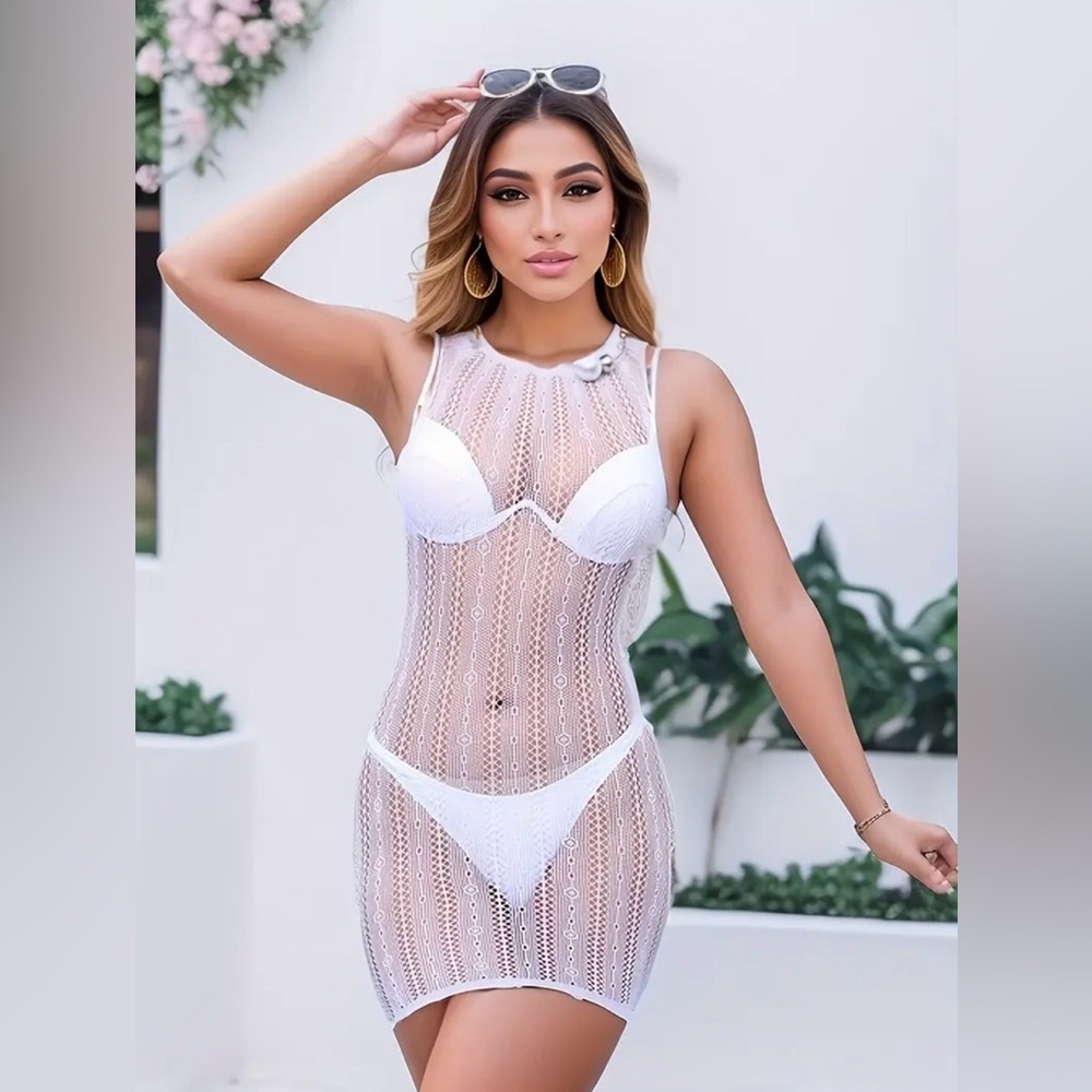 Brand New White Stretchy Sheer Sexy BodyCon Swim Cover Dress - Picture 3 of 12